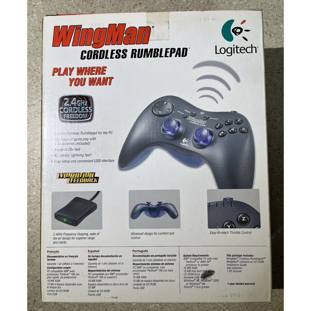 Logitech WingMan Cordless Rumblepad Wireless 2.4GHz Gamepad PC USB Vibration - Picture 2 of 5